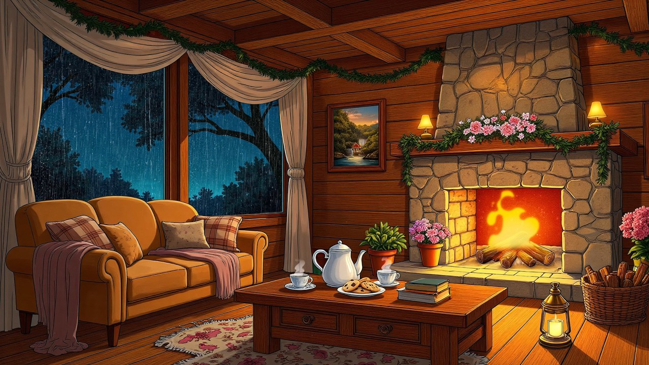 step into a 1940s cozy rainy night with oldies playing in another room (fireplace & rain sound)