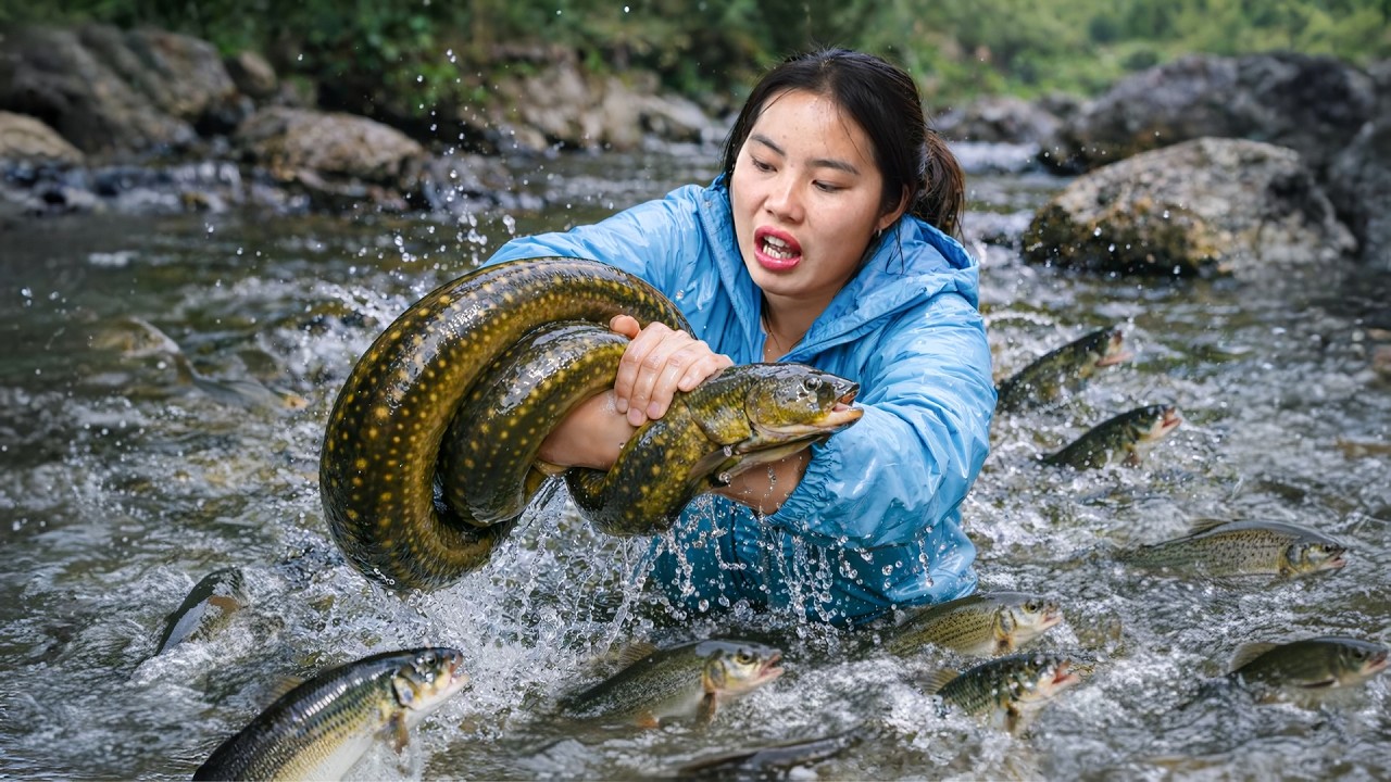 Using a Bamboo Raft and Net to Catch River Fish and Eels | Selling at the Market with My Kids