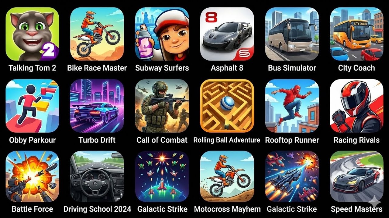  Subway Surfers vs Talking Tom 2 | Asphalt 8 | Bus Simulator | Bike Race Master Gameplay