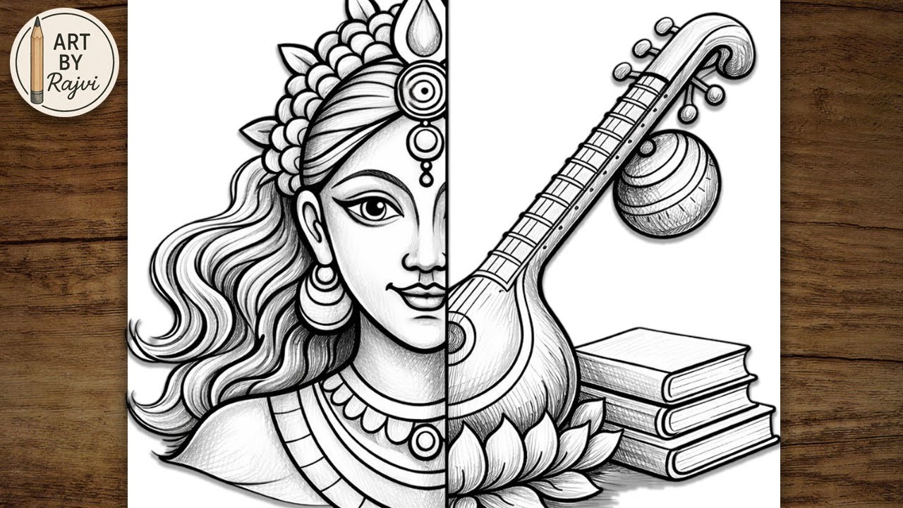 Saraswati Mata Half Face Drawing | Maa Saraswati Sketch Easy | Saraswati Puja Drawing
