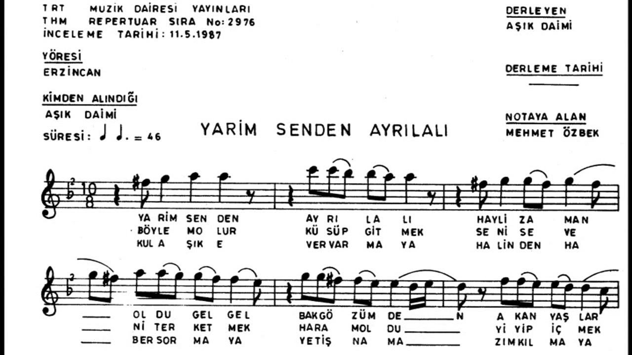 YARİM SENDEN AYRILALI Nota Solfej