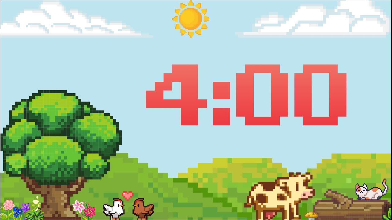4 Minute Fun Pixel Farm Timer, No Music (Synth Bell Alarm at End)