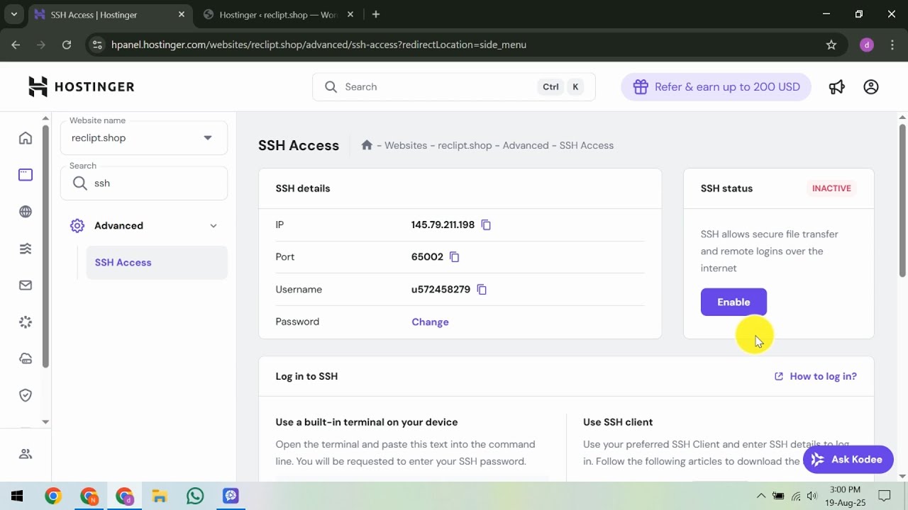 How To Enable SSH Access in Hostinger