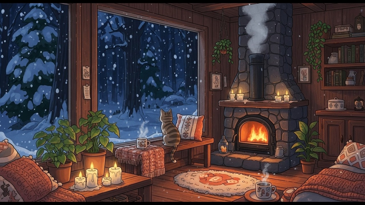 Quiet Snowfall Outside Cozy Cabin Fireplace ❄️ Relaxing Lofi Music for Focus, Sleep & Chill