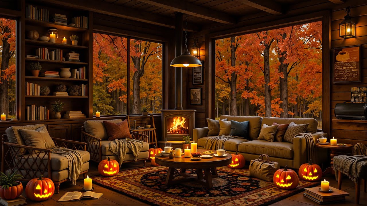 Cozy Halloween Cabin Jazz 🍁 Smooth Piano Music & Fireplace Ambience for Relaxation, Focus and Study