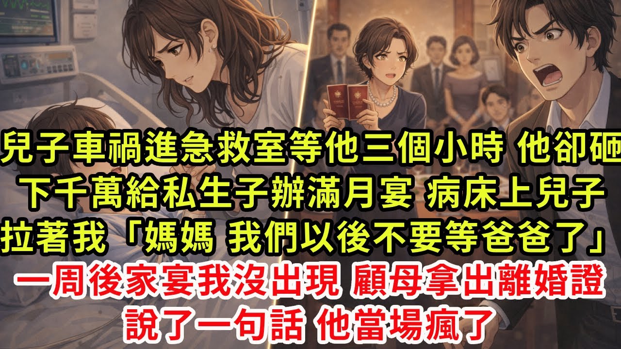 兒子車禍進急救室等他三個小時，他卻砸下千萬給私生子辦滿月宴。病床上兒子拉著我：&ldquo;媽媽，我們以後不要等爸爸了。&rdquo;一周後家宴我沒出現，顧母拿出離婚證說了一句話，他當場瘋了