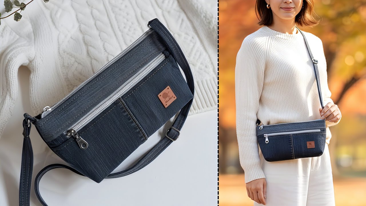 DIY Small Denim Crossbody Bag With Front Pocket Out of Old Jeans | Bag Tutorial | Upcycle Craft