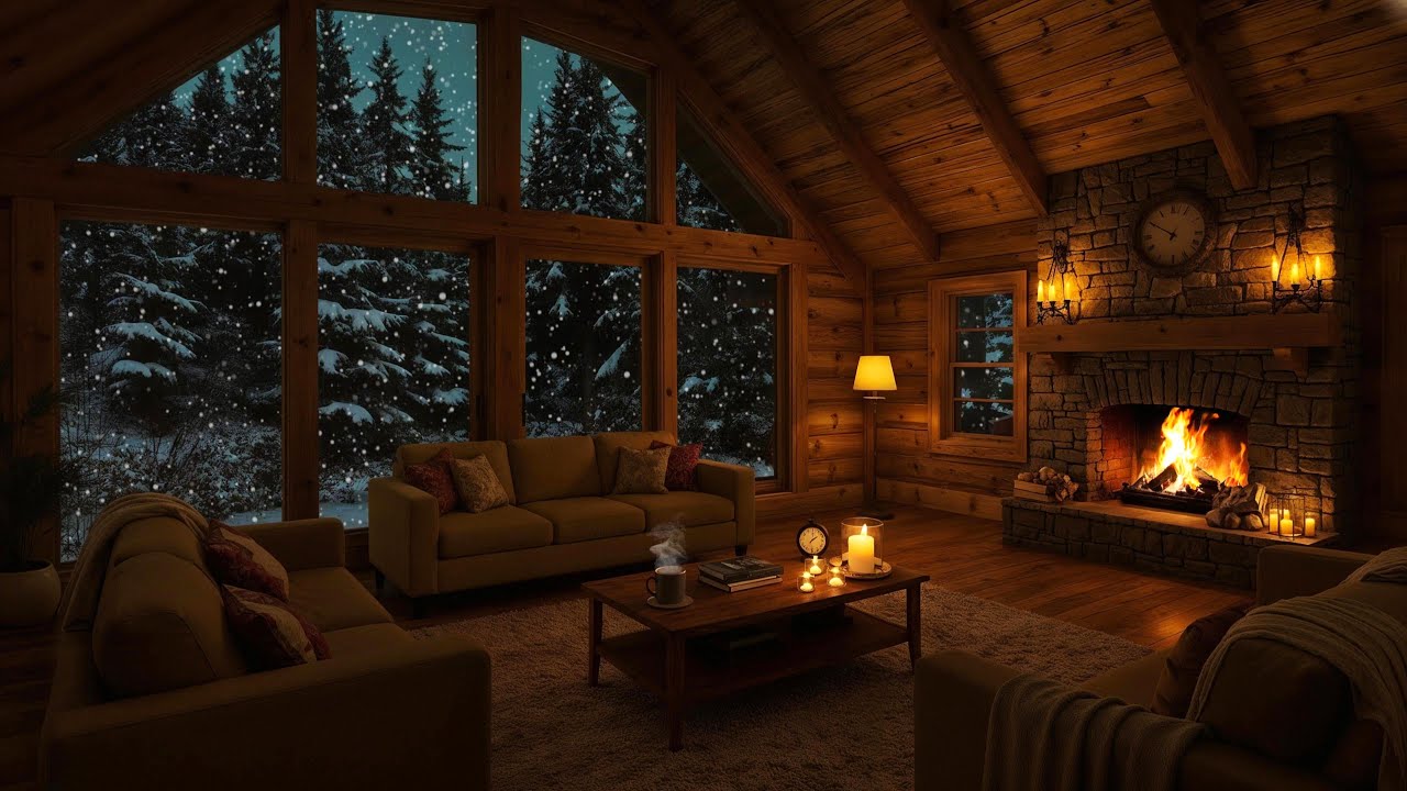 Cozy Winter Night in a Snowy Cabin | Smooth Jazz Music with Warm Fireplace Ambience