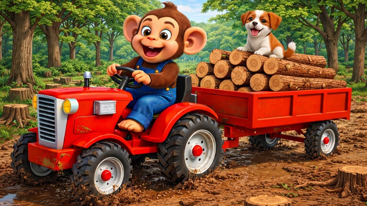 Monkey Farmer And His Dog Drive A Logging Tractor into A Swamp | Farm Work