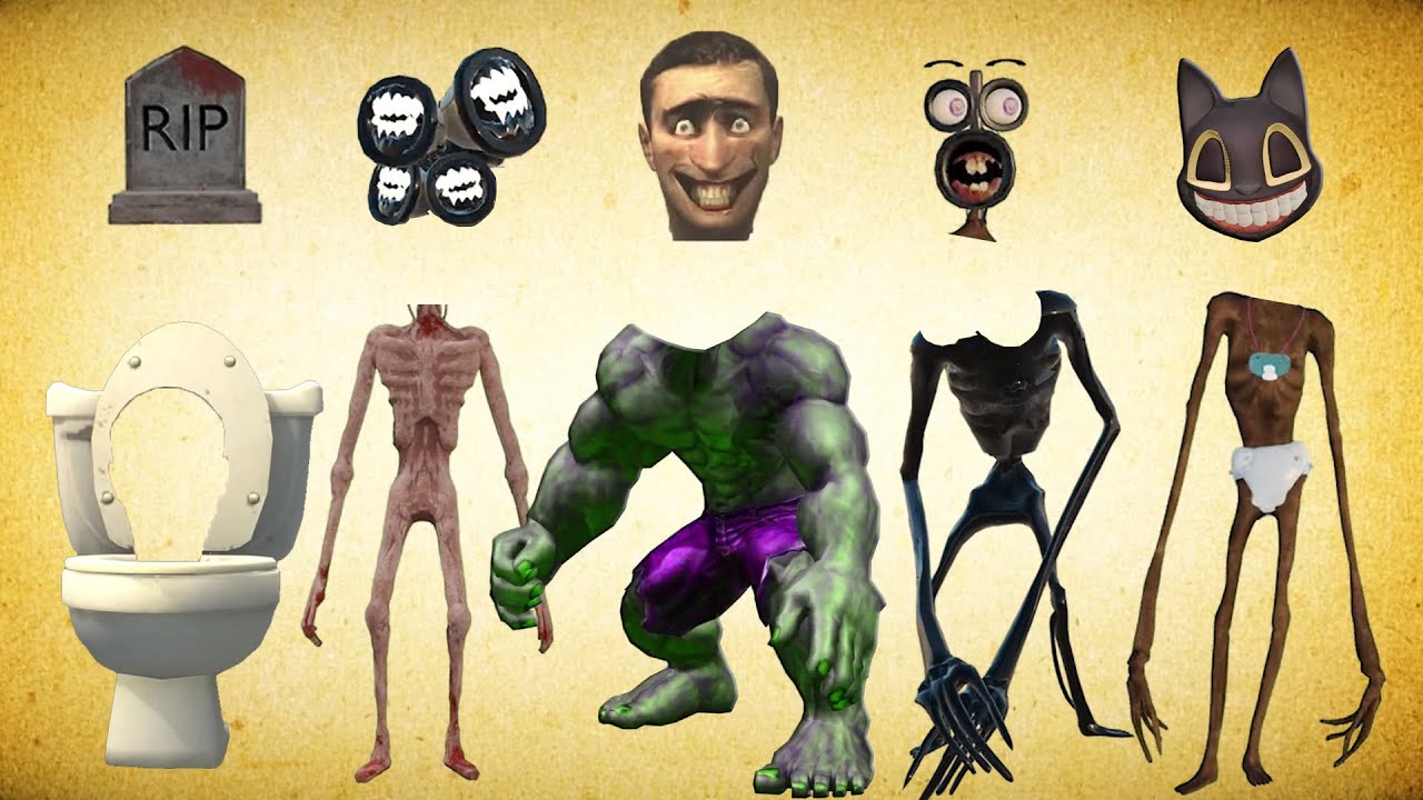 WRONG HEADS SIREN HEAD RIP, DARK, SKIBIDI TOILET, CAROON CAT HULK, SIREN HEAD BABY KAFFA