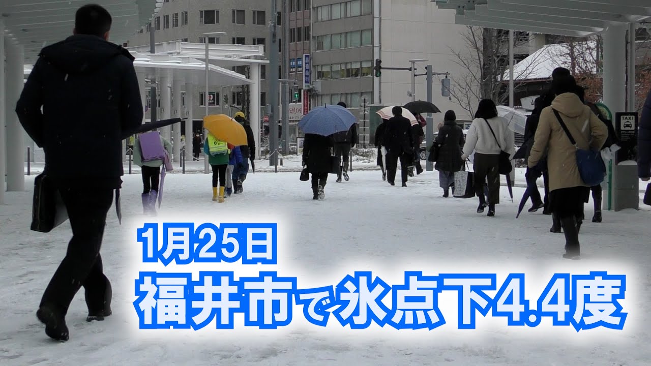 恐竜も“雪化粧”　氷点下4.4度、最強寒波で凍てつくJR福井駅周辺の朝　2023年1月25日