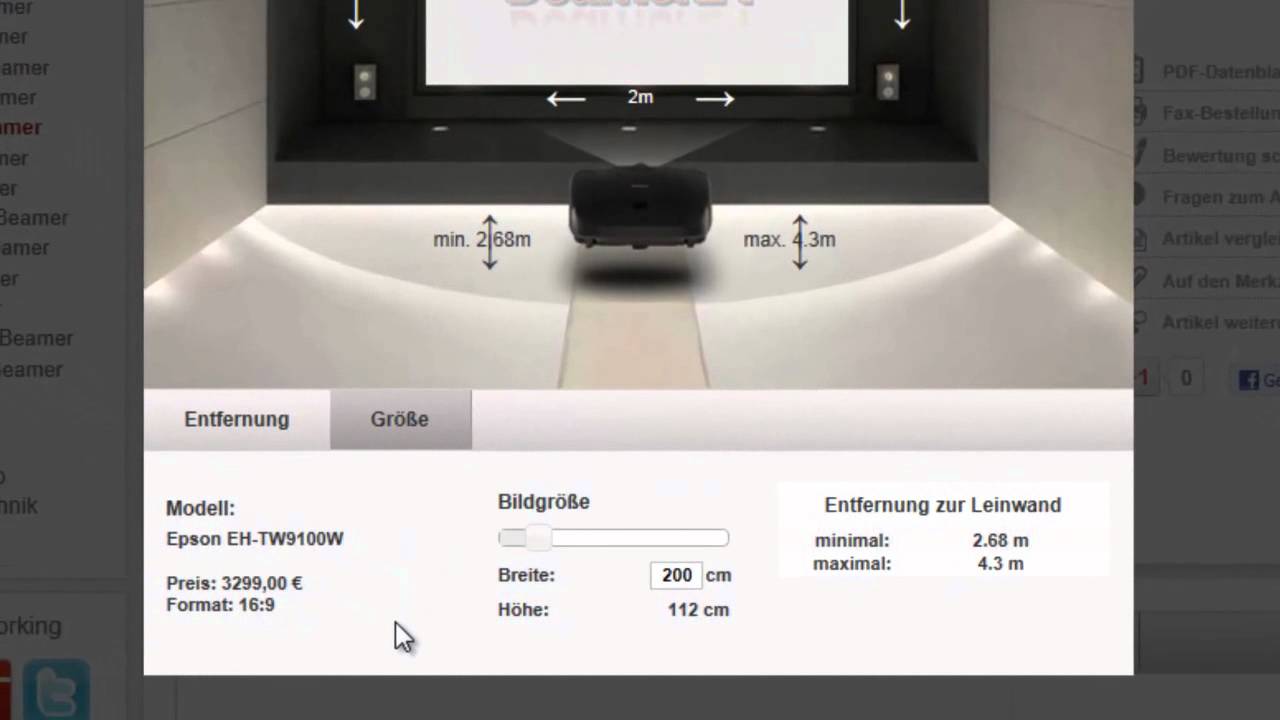 Projektionsrechner f&uuml;r Beamer bei Beamer24.de
