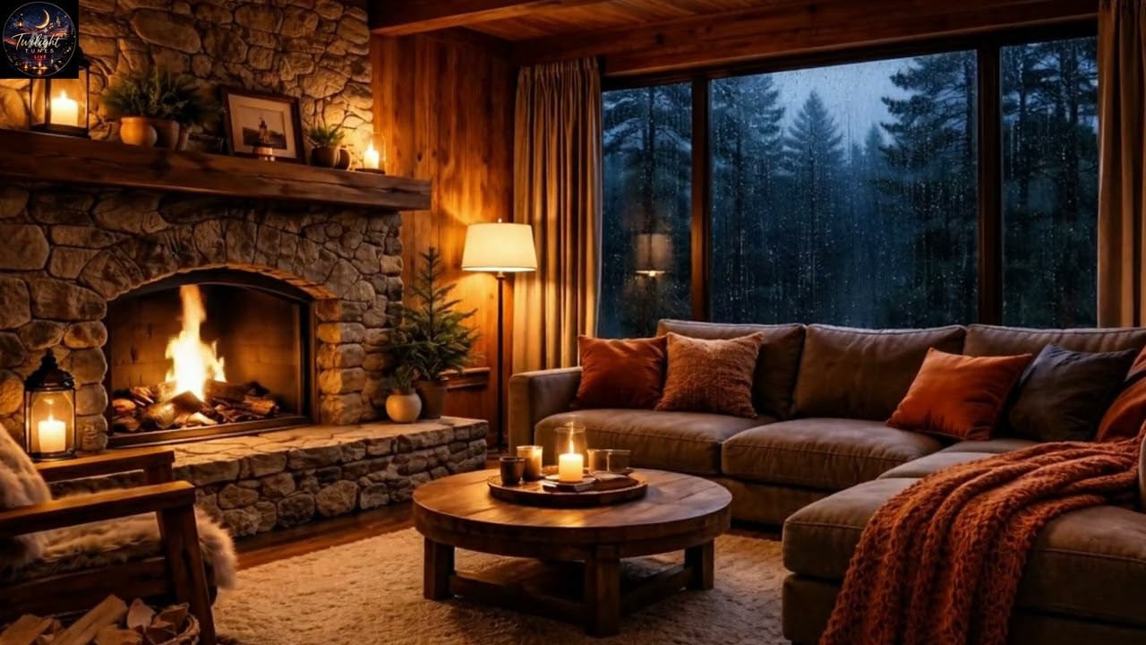 Cozy Cabin Ambience: Warm Fireplace Sounds & Rainy Night | Relax, Sleep, Study