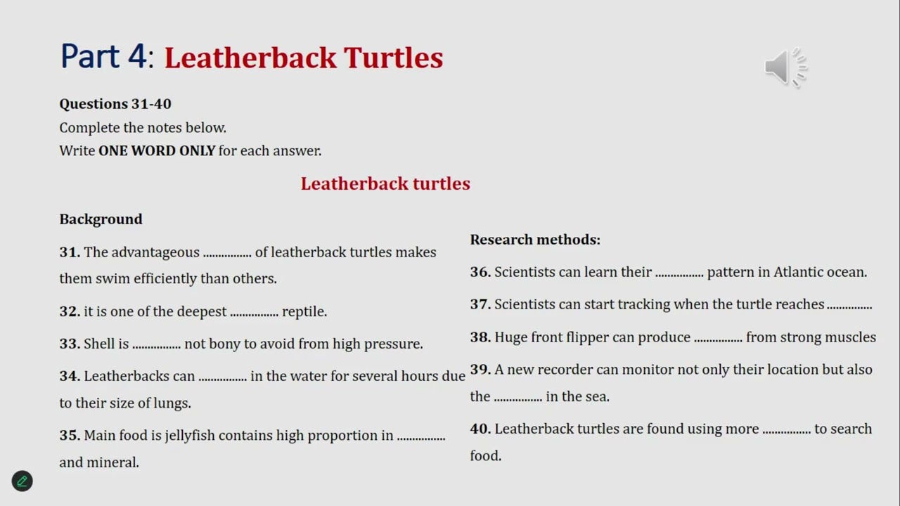IELTS listening practice Part 4 - Leatherback turtle (answer & transcript)