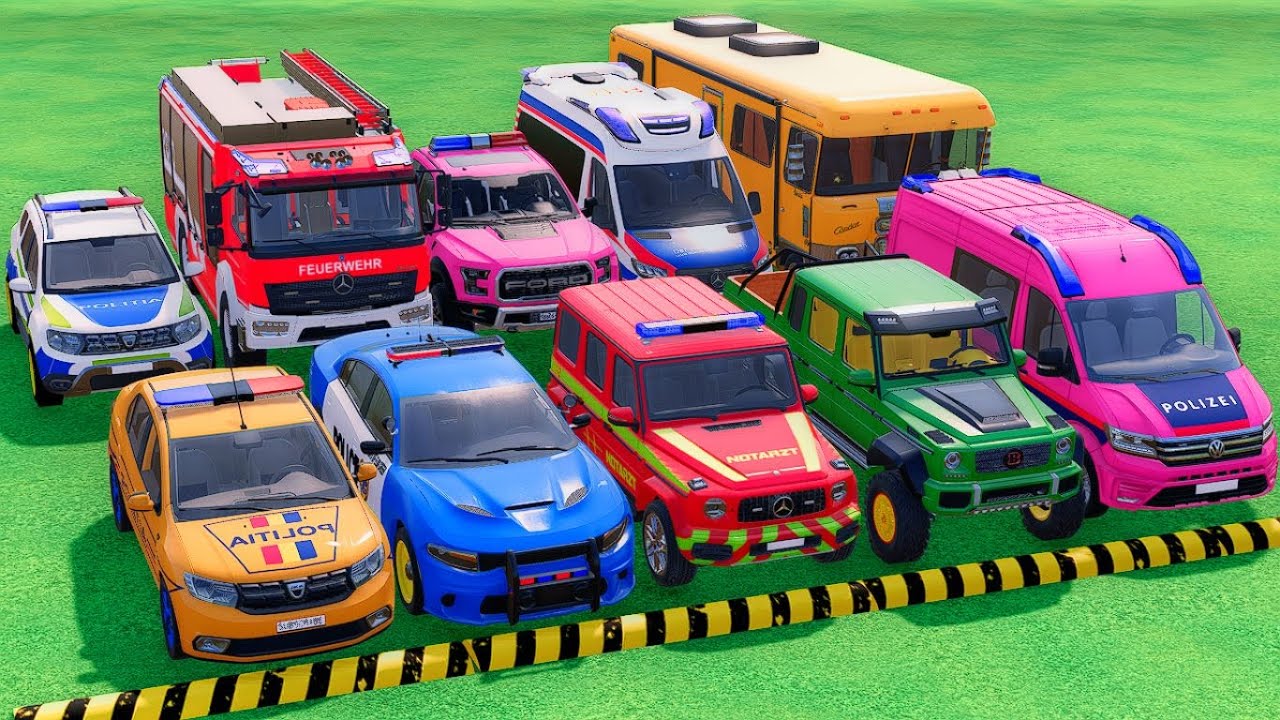 POLICE CARS, FIRE DEPARTMENT, AMBULANCE VEHICLE TRANSPORTING WITH TRUCKS ! Farming Simulator 22 #44