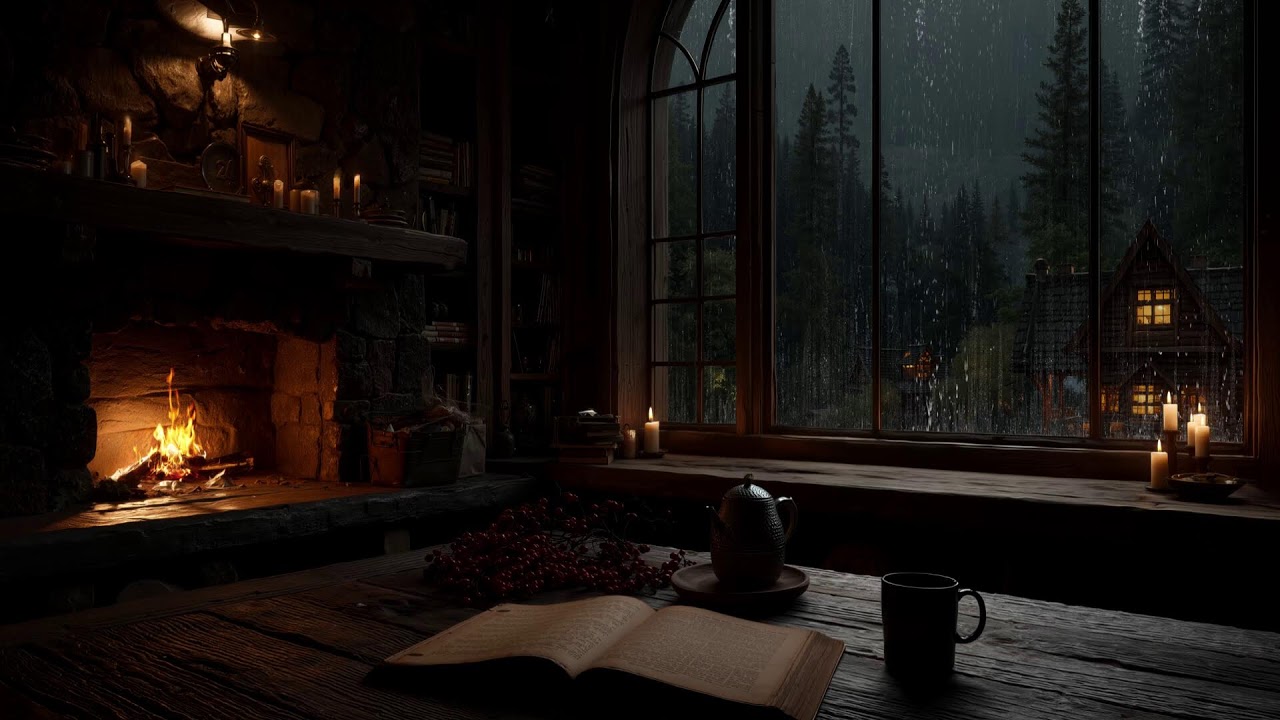 Silent Forest Night with Rain Sound At Cozy Cabin Ambience🌧️ Soft Rain Sounds & Fireplace for Sleep