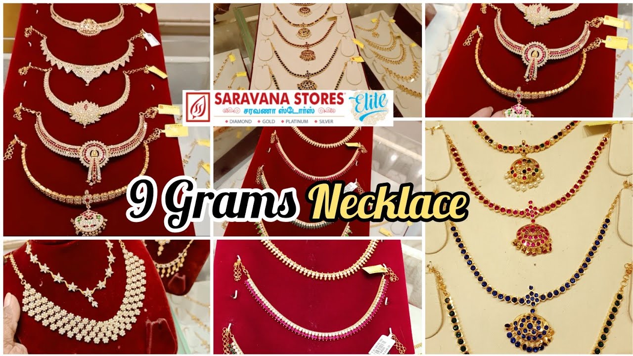 9 கிராம் Gold Necklace Light weight Middle Stone Necklace Design 2022 Pearl Ruby Set Saravana Elite