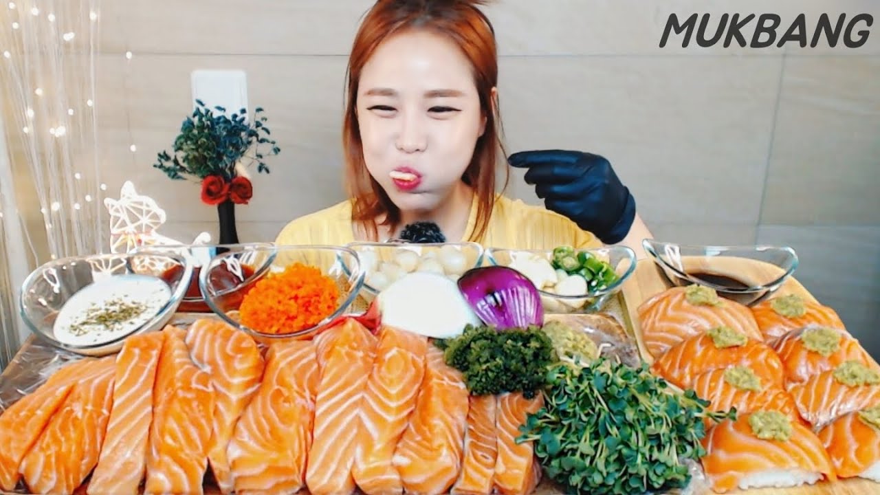 Субтитры) Сашми, салмонный суши MUKBANG ASMR eating show