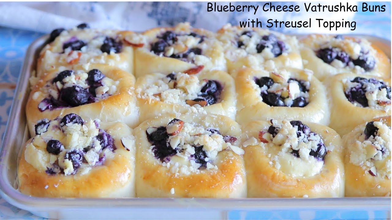 The famous melt-in-the-mouth rolls. Classic Blueberry Cheese Vatrushka Buns with Streusel Topping
