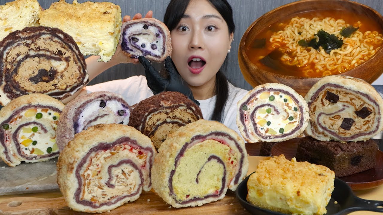 MUKBANG) 맘모스빵을 롤케익으로?!😮💖 투떰즈업 맘모롤 먹방 ※빵해장 라면 있음ㅎ 빵먹방 Dessert real sound asmr eating