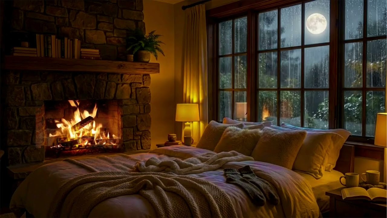Cozy Bedroom Fireplace Ambience 🔥 Rain Outside the Window 🌧️ Relaxing Rain Sounds for Sleep & Study