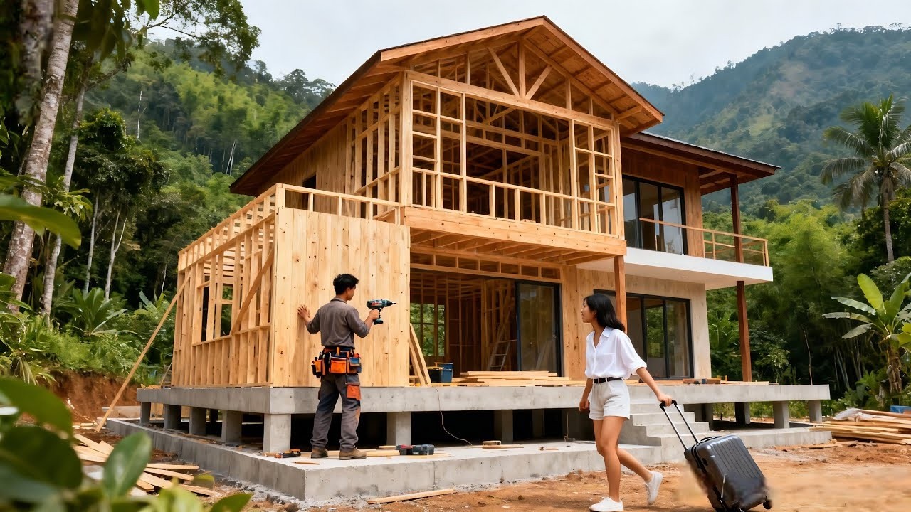The young couple built a wooden house in the forest to live in with their own hands