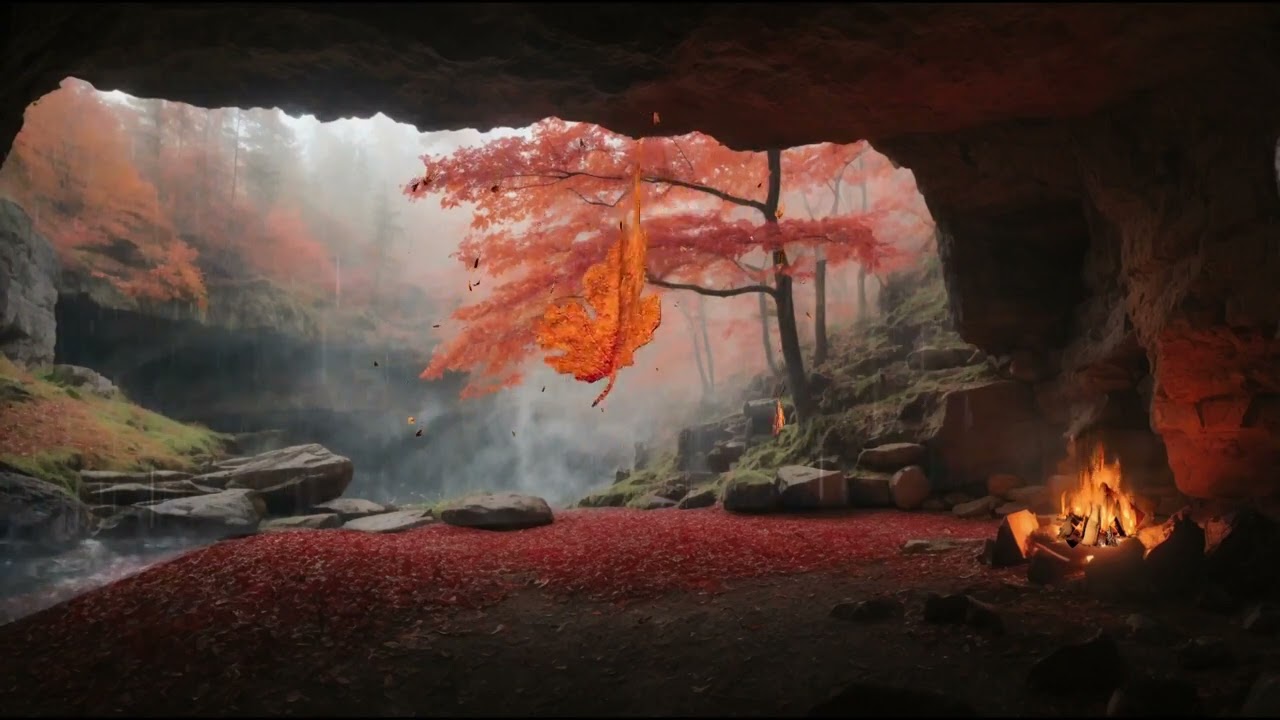 🔥 Pioggia d&rsquo;Autunno nella Grotta | Suoni Rilassanti con Ruscello e Fuoco Acceso 🍂🌧️