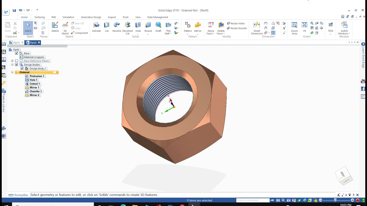 #87 Solid edge tutorial - create hex nut in solid edge | hex nut 3d model in solid edge st10