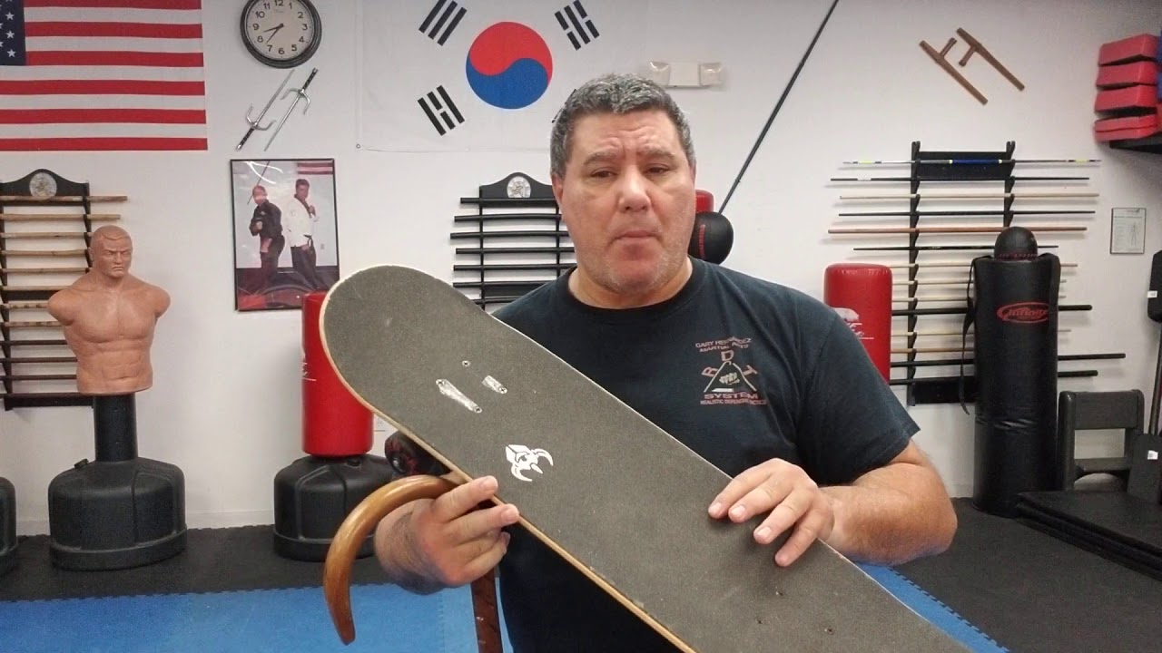 Cane self-defense with beware of people using skateboards as a weapon and how to defend against it.