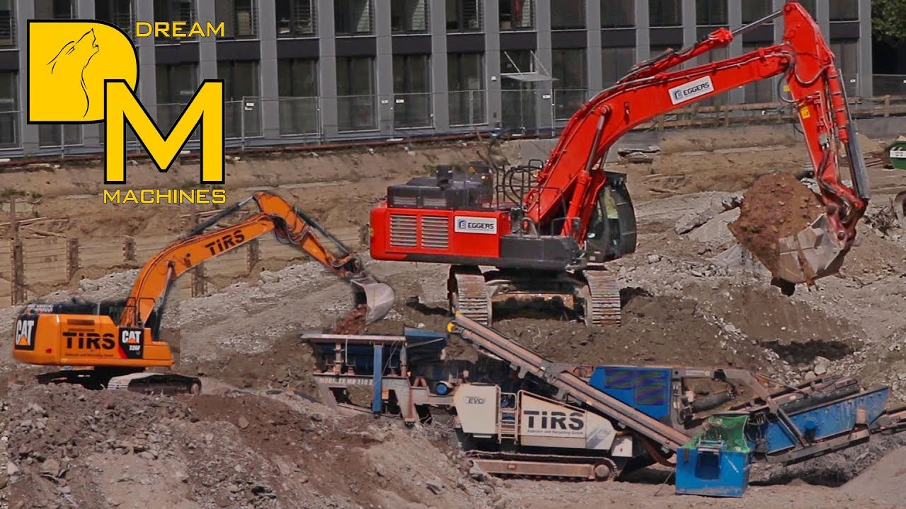 HITACHI ZAXIS 490 BAGGER + KLEEMANN MOBIREX + CATERPILLAR 966M RADLADER ABBRUCH BAUSTELLE