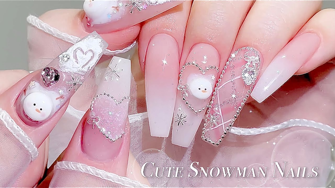 sub) Милый снеговик! Ногти в стиле омбре!⛄️💗/🇰🇷Корейские ногти / Нейл-арт / ASMR