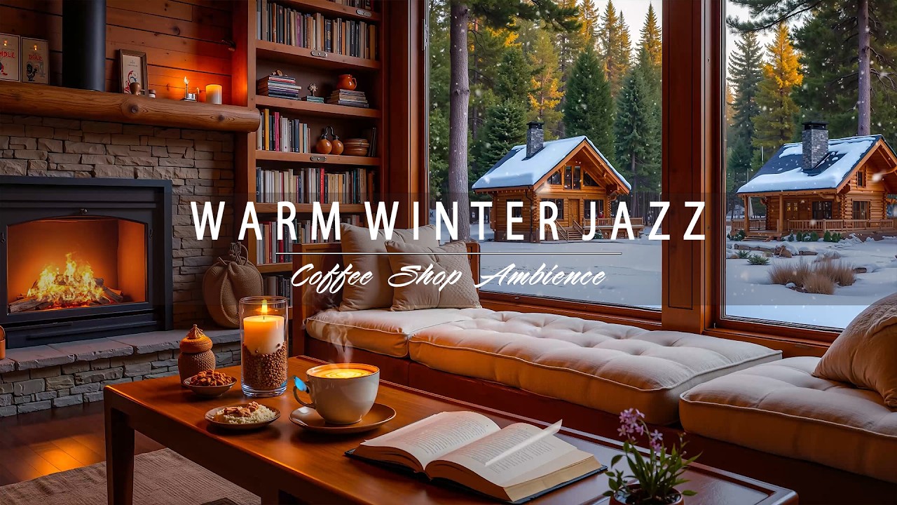 Snowy Cabin Jazz ☕ Warm Fireplace, Coffee Shop Ambience for Study & Relax