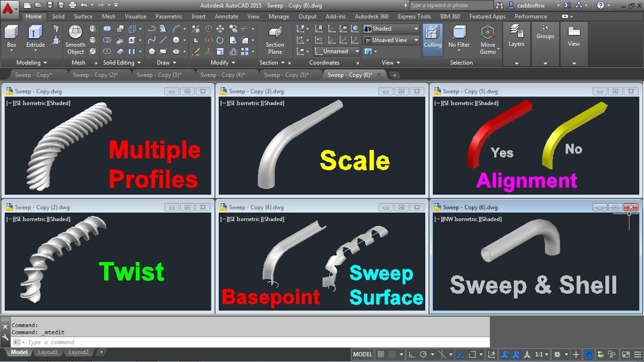 AutoCAD 3D Sweep Command Tutorial Complete | Sweep Twist, Multiple profiles, Path, Surface