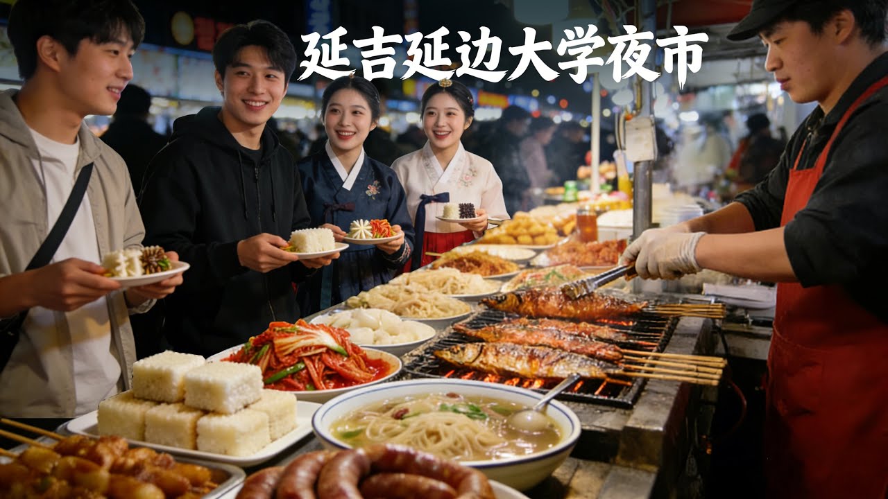 中国边境延吉最热闹的延边大学夜市，严寒下最浓烟火气，谁能扛住芝士美食诱惑？芝士梅菜扣肉饼必买，烤棉花糖雪糕惊艳味蕾，烤明太鱼、海鲜饼，炒米肠、芝士火鸡面烤冷面、火辣鸡爪各种美食种类繁多，人们疯狂抢购