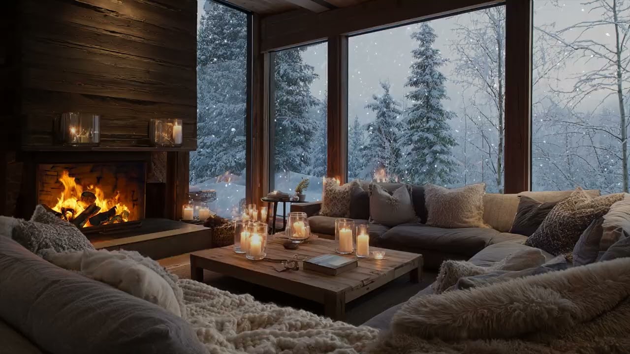 Gentle snowfall at the window 🌨️ the room glowing with quiet cozy comfort inside