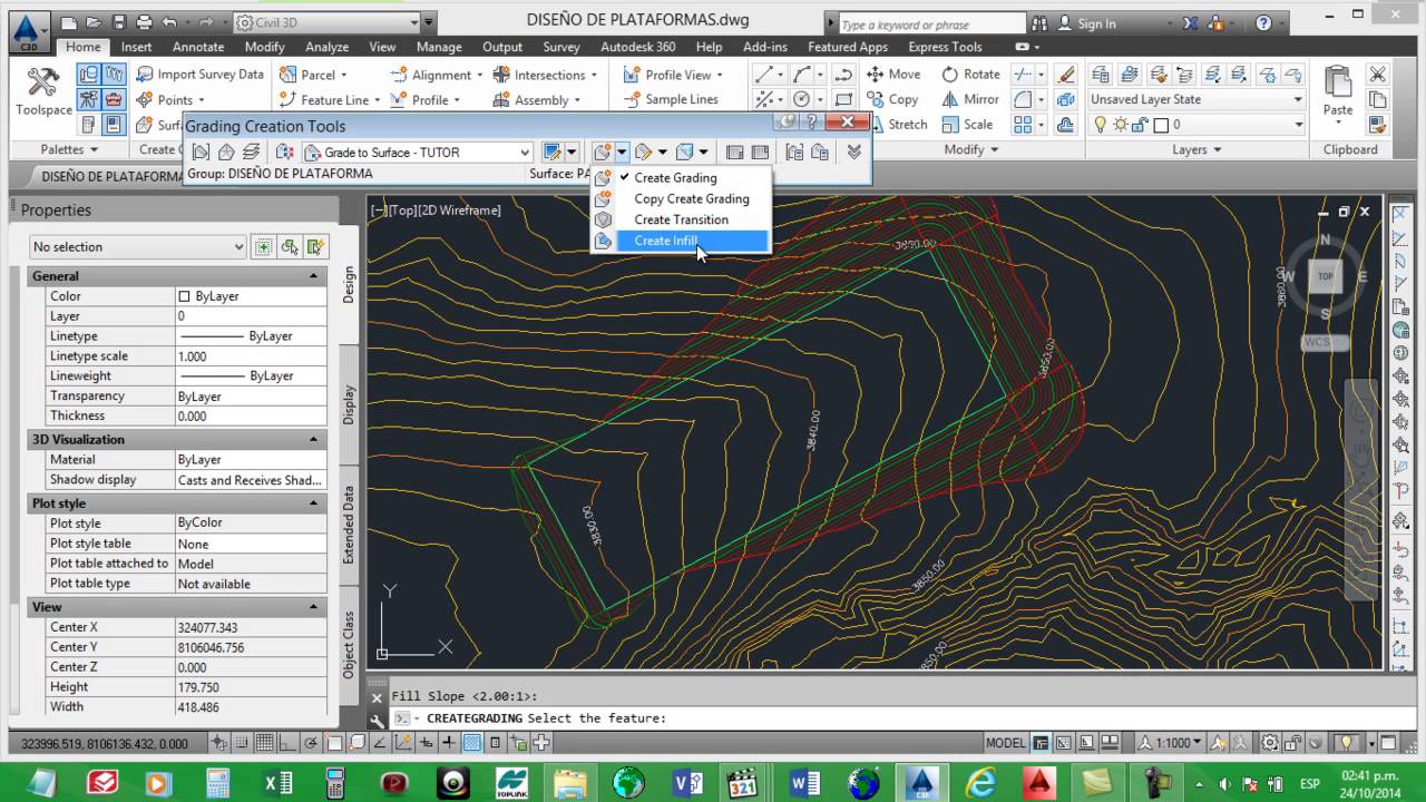 DISEÑO DE PLATAFORMA CON BANQUETA    CIVIL 3D 2014