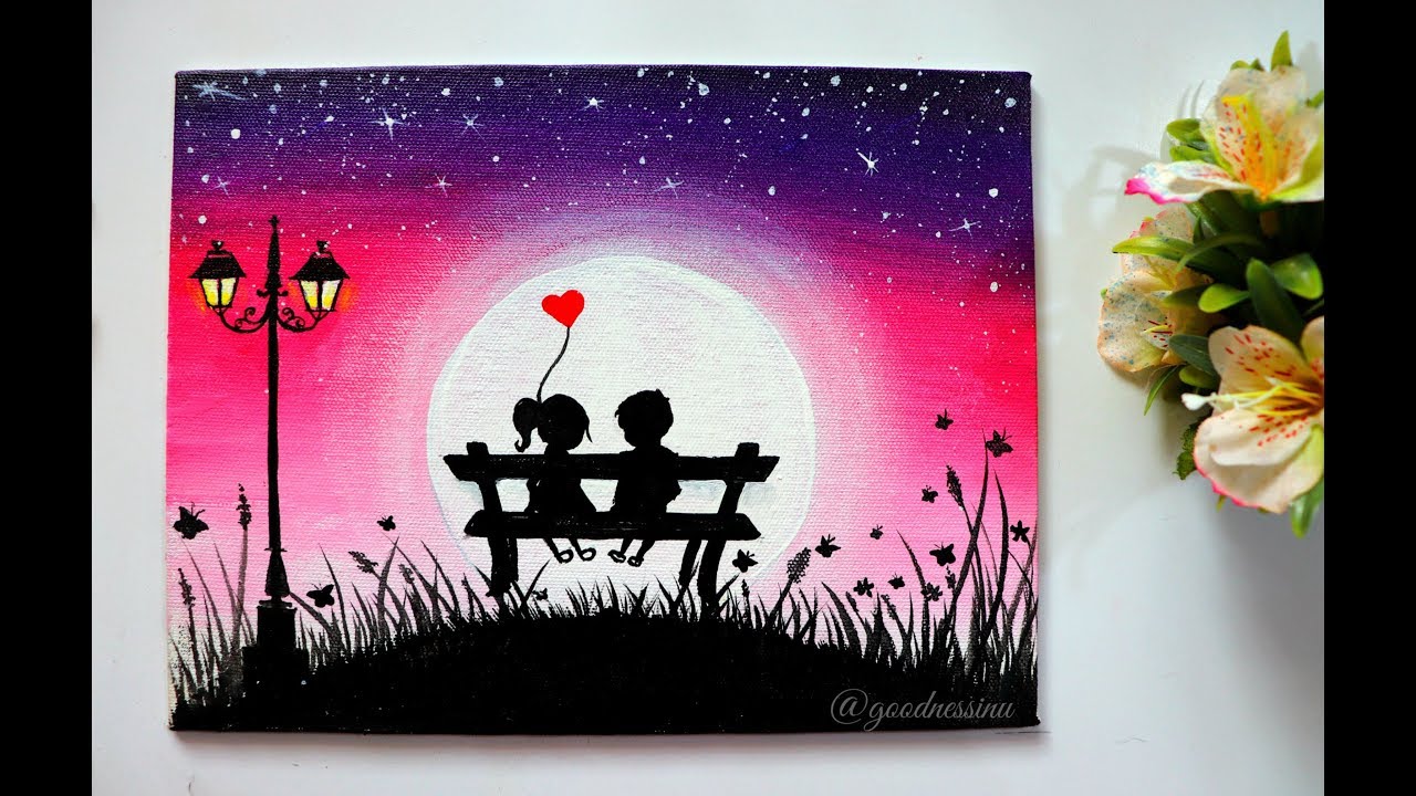 A Romantic Moonlight Night Scenery Painting for Beginners / Step by Step Tutorial
