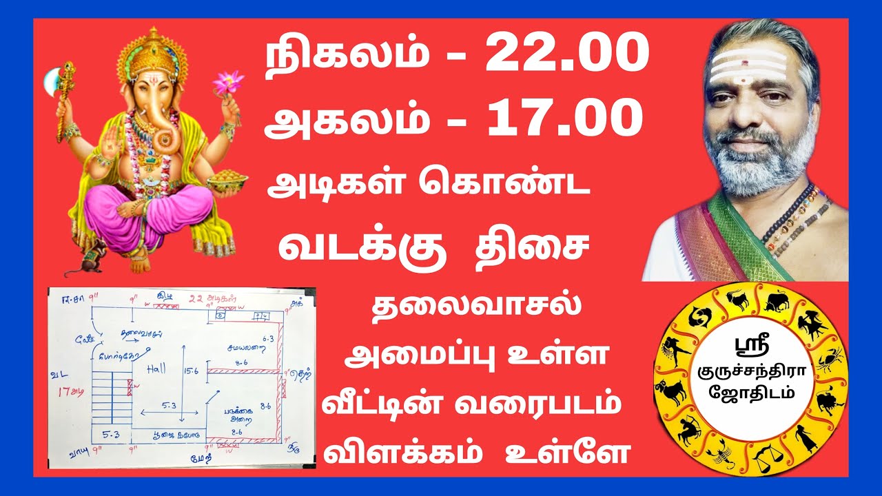நிகலம் - 22 அடி, அகலம் - 17, அடி அளவு உள்ள வடக்கு தலைவாசல் வீட்டின் வாஸ்து வரைபடம்