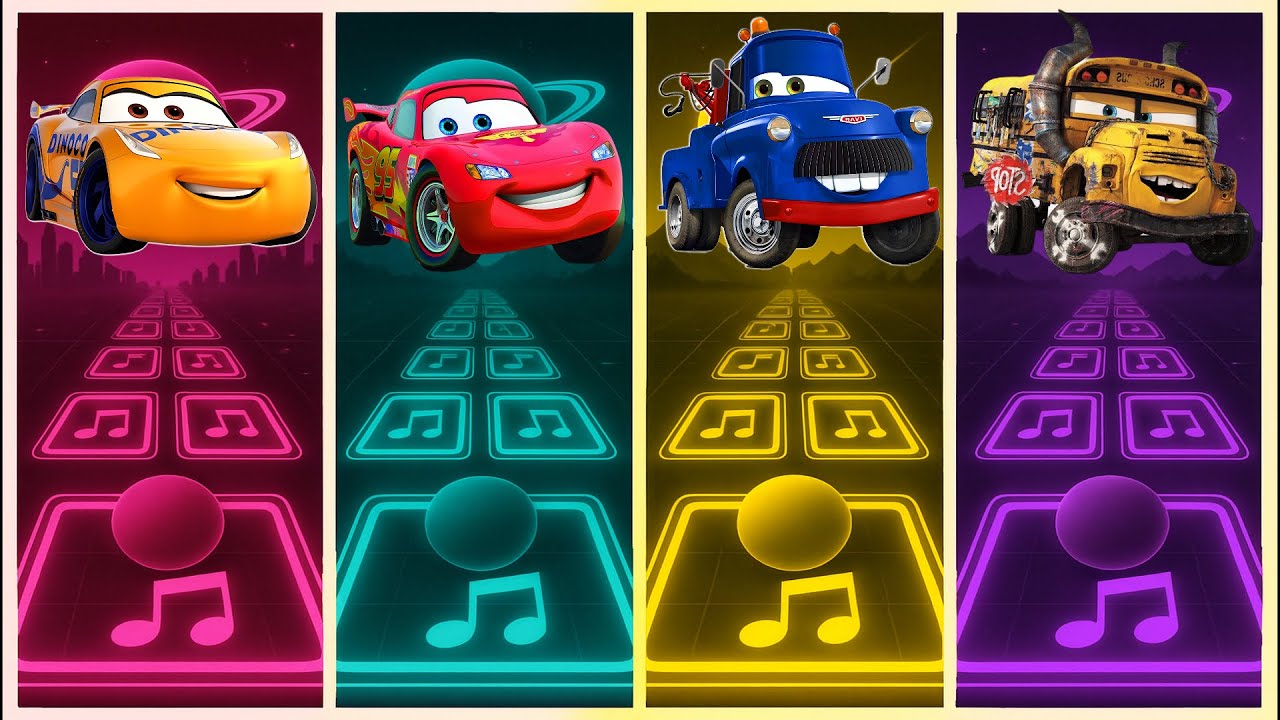 Cars Team Miss Dinoco 🆚 Lightning McQueen 🆚 Mater 🆚 Bus EXE | Tiles Hop Edm Rush