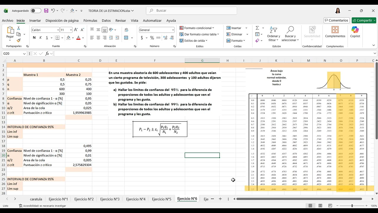 Estimación Estadística en Excel - Ejercitario 5 - Ejercicio 6