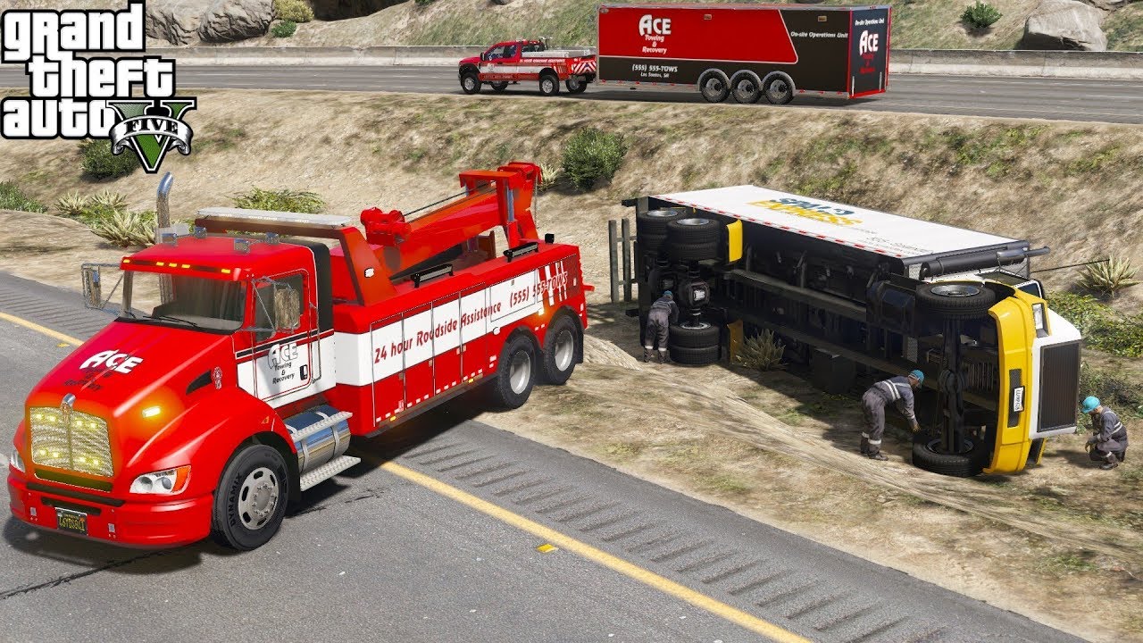 GTA 5 Real Life Mod #173 Kenworth T440 Heavy Duty Tow Truck Wrecker Towing A Rolled Over Box Truck