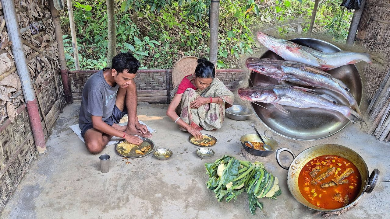 A Village Mother and Son Cooking Delicious SMALL FISH Curry with Cauliflower For Lunch 