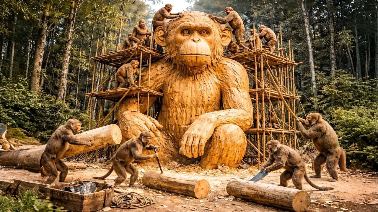 Highly Skilled Monkeys Build a Giant Wooden Statue in the Jungle (Insane Reveal!)