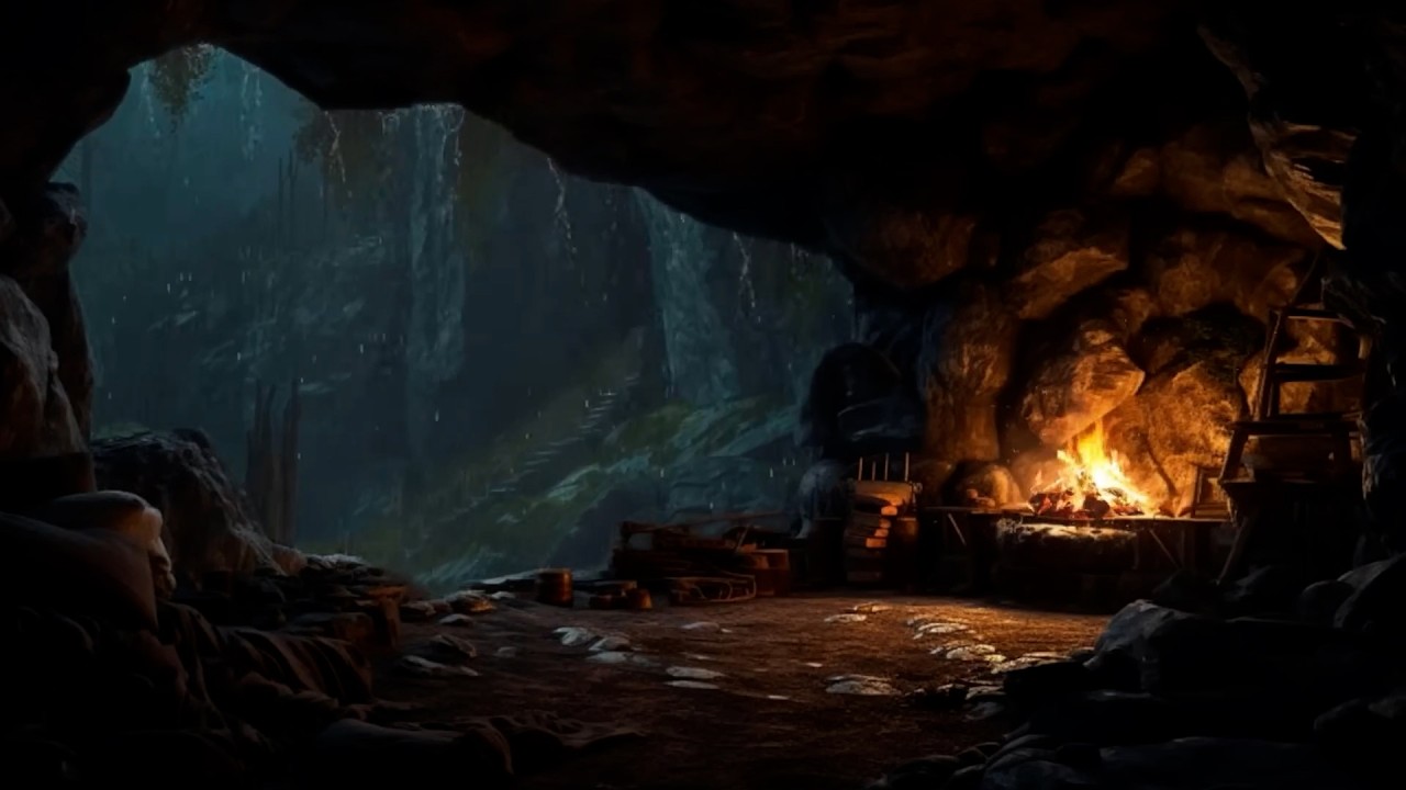 10 Hour Trapped in a Cave 🌧️ Staying Warm by the Fire during a Heavy Rain Storm 🔥