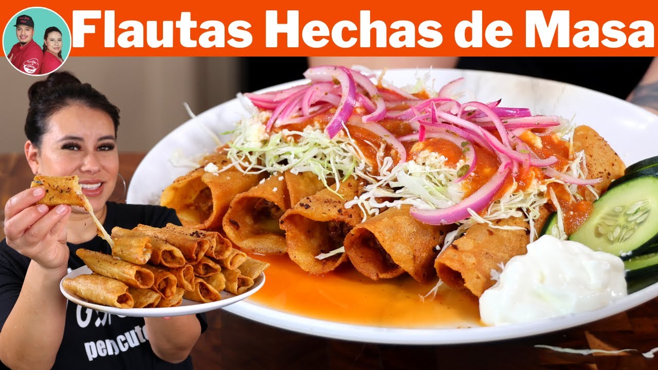 Flautas HECHAS de MASA (maseca) con Relleno de Frijoles,Chorizo y Queso -Bañadas en Salsa de Tomate