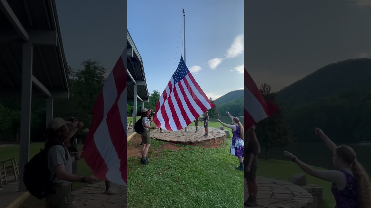 The BIG flag gets raised #summercamp #crm #boyscouts #onmyhonor #flag #morning #reville