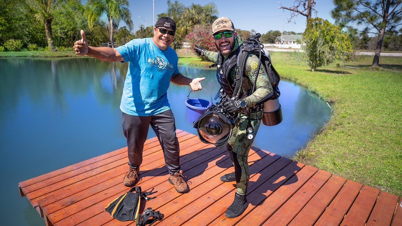 Diving Shiner Sams POND To Find BIGGEST Bass!! (Underwater Fish Feeding)