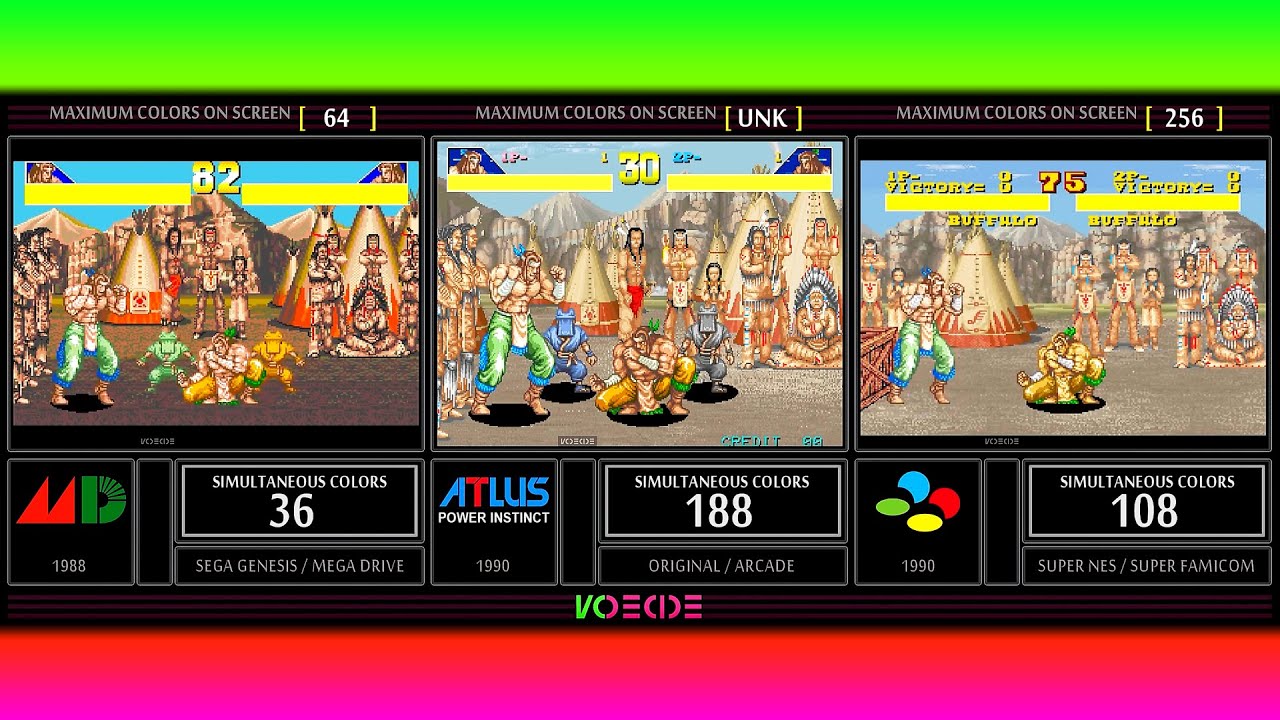Simultaneous Colors of Power Instinct (Sega Genesis vs Arcade vs SNES) Color Comparison | VCDECIDE