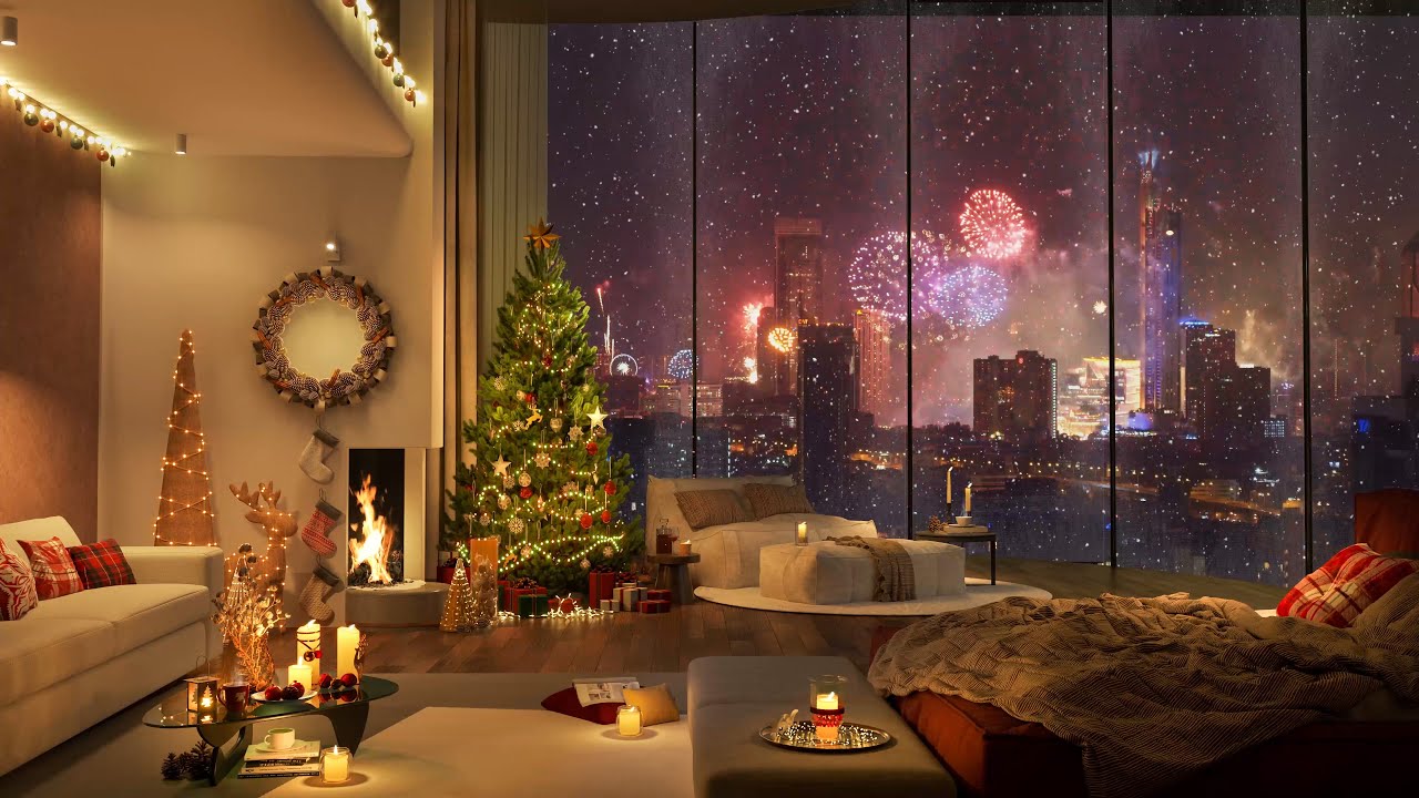 ️🎊 Welcome New Year 2025 in Cozy Bedroom 🥂 Soft Jazz Music with Snowfall & Fireplace to Relax, Sleep