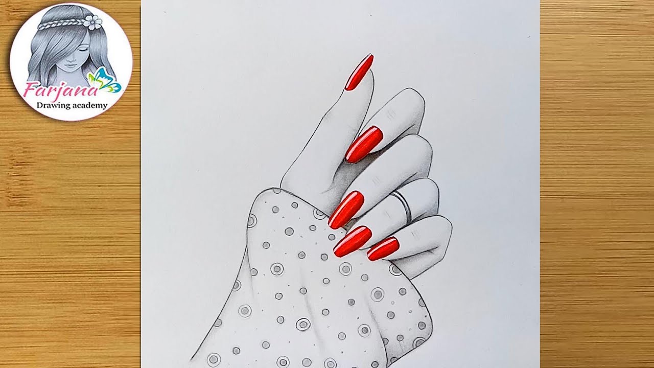 A Beautiful Girl Hand  with Red nail-polish - Step by step drawing tutorial ||  Pencil sketch